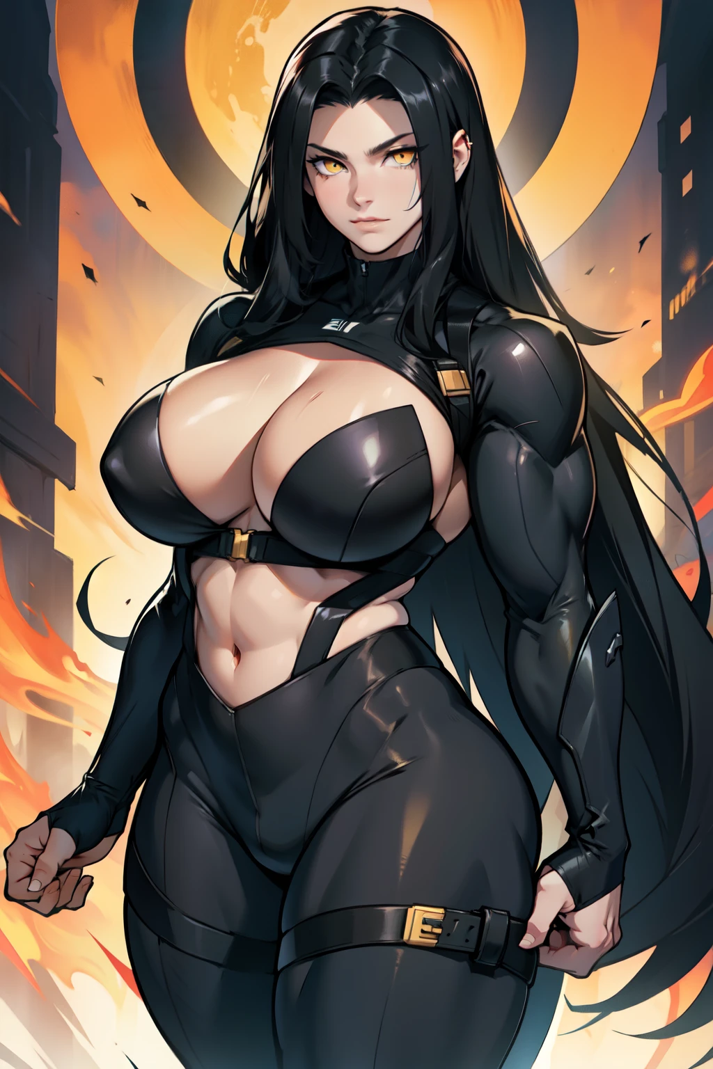 huge breasts huge thighs huge muscles black hair very long hair pale skin yellow eyes