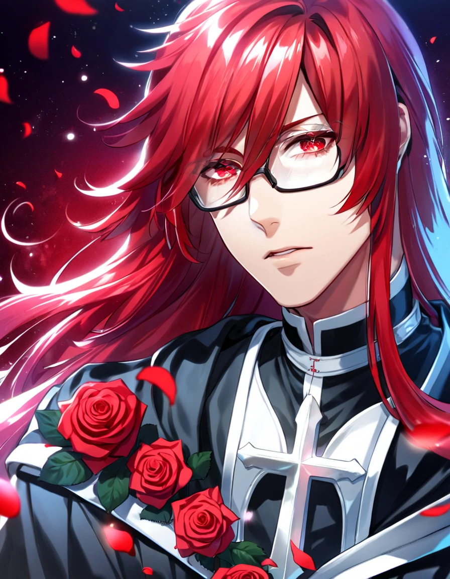 absurdres, highres, ultra detailed, HDR, master piece, best quality, Marian Cross, red long hair, hair between the eyes, with bangs, expressive red eyes, D.Gray-man, glasses, small beard colored red, solo, y man, handsome, black clothes, magical, fantasy, red background, red roses, shining, red petals, red glittering fireflies