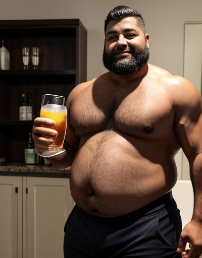 Only plump, chubby, extremely thick thighs, large belly, fat, 5, bearded, usando apenas sunga branca,((Fios de Cabelos cor preto)) he is holding a glass of drinks, he is holding a glass of drink, he is holding a bottle of drink, he is holding a mug of choop.