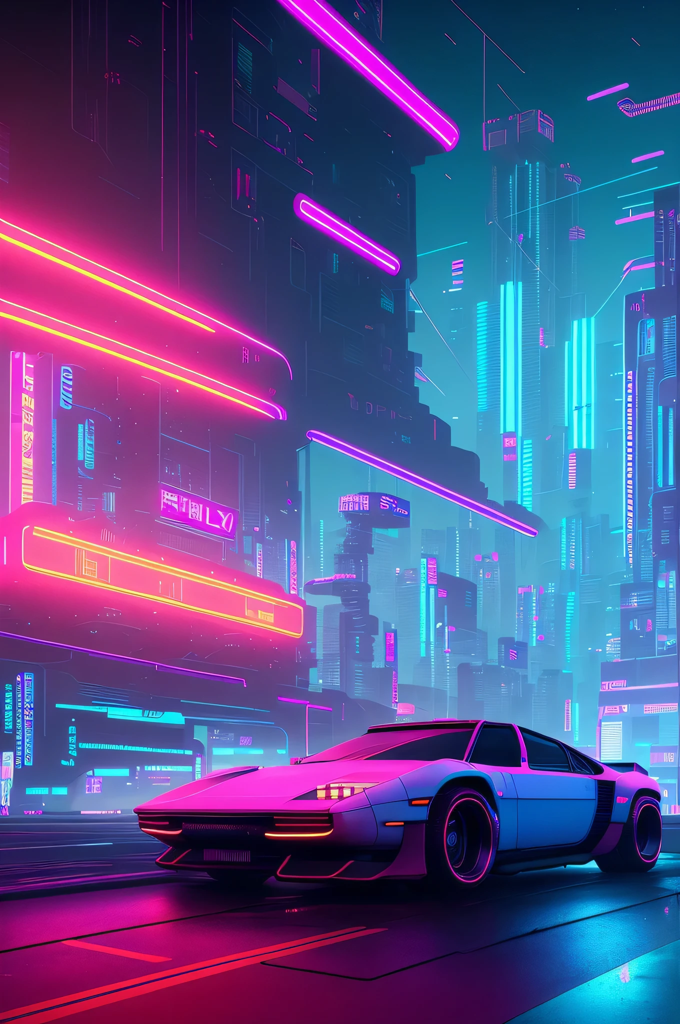 futuristic city with neon lights and a car in the foreground, cyberpunk art inspired by Syd Mead, cg society contest winner, retrofuturism, cyberpunk garage on jupiter, neon city in the background, cyberpunk with neon lighting red, in cyberpunk city, in a futuristic cyberpunk city, detailed neon cyberpunk city, cyberpunk city, cyberpunk cityscape, hyper realistic cyberpunk city, neon rainy cyberpunk setting
