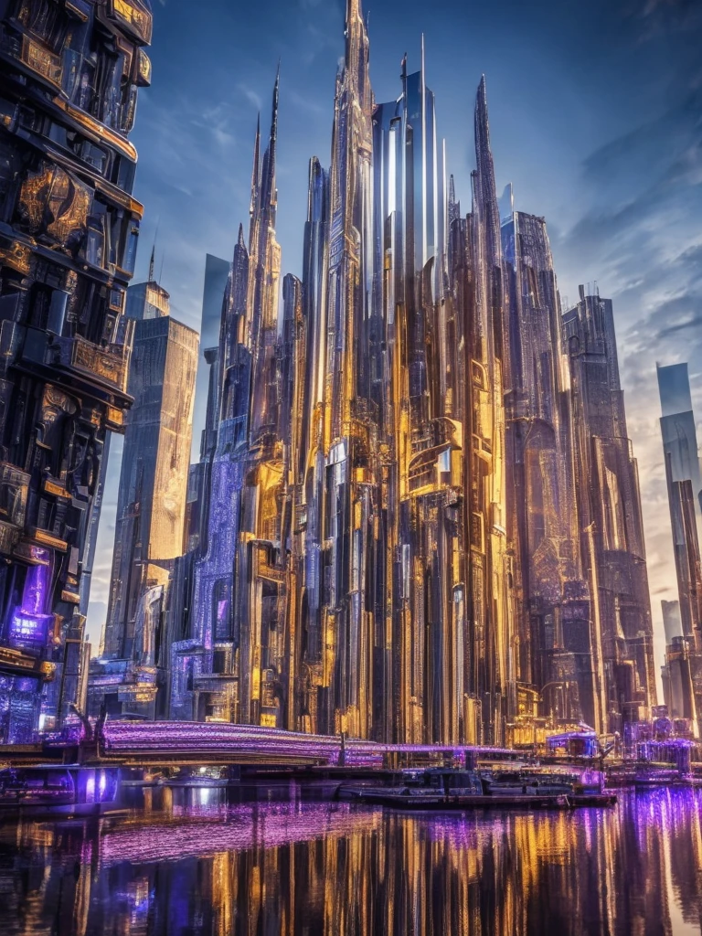 a futuristic city with a diamond crystal effect, metallic and silver purple elements, a simple black background with metallic silver lavender reflections, (best quality,4k,8k,highres,masterpiece:1.2),ultra-detailed,(realistic,photorealistic,photo-realistic:1.37),hyper realistic,dynamic ultrarealistic angle,TruckersRule style,extremely detailed CG unit,top-quality real texture skin,intricate architecture,ornate details,shimmering lights,seamless integration,cinematic composition,dramatic lighting,stunning clarity,intricate machinery,futuristic technology,metallic reflections,sharp focus,vivid colors
