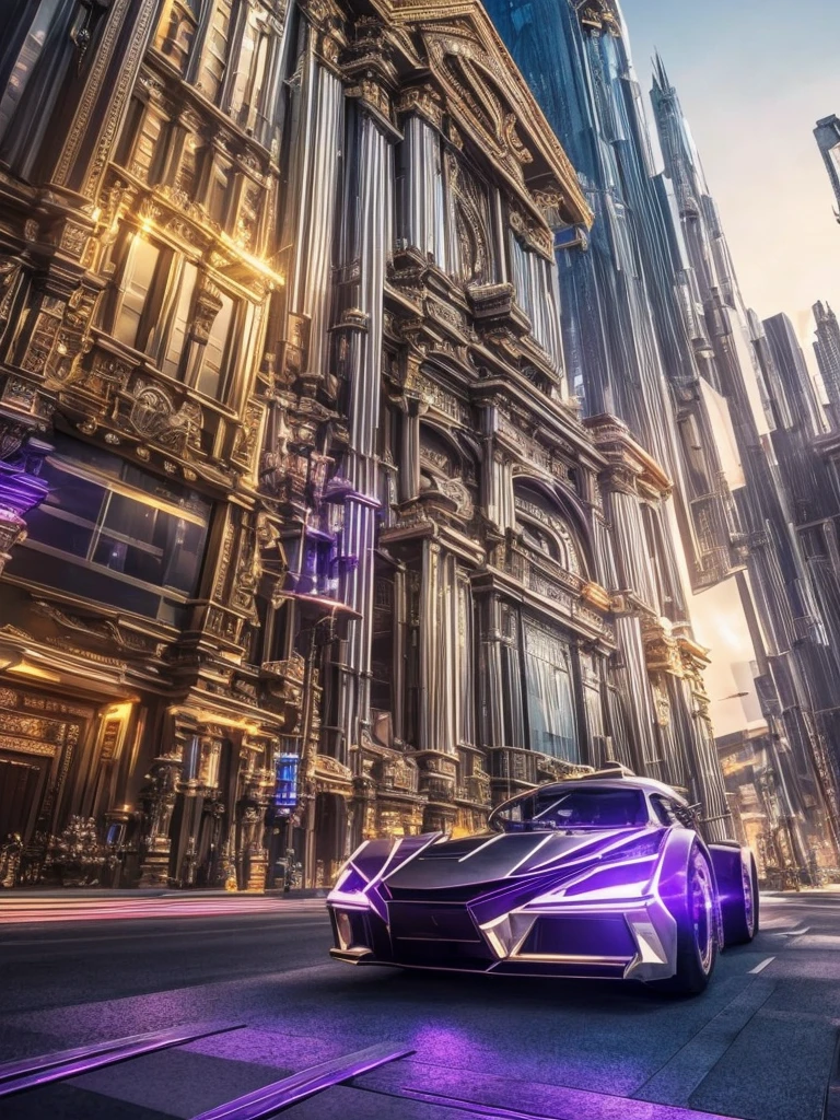 a futuristic city with a diamond crystal effect, metallic and silver purple elements, a simple black background with metallic silver lavender reflections, (best quality,4k,8k,highres,masterpiece:1.2),ultra-detailed,(realistic,photorealistic,photo-realistic:1.37),hyper realistic,dynamic ultrarealistic angle,TruckersRule style,extremely detailed CG unit,top-quality real texture skin,intricate architecture,ornate details,shimmering lights,seamless integration,cinematic composition,dramatic lighting,stunning clarity,intricate machinery,futuristic technology,metallic reflections,sharp focus,vivid colors