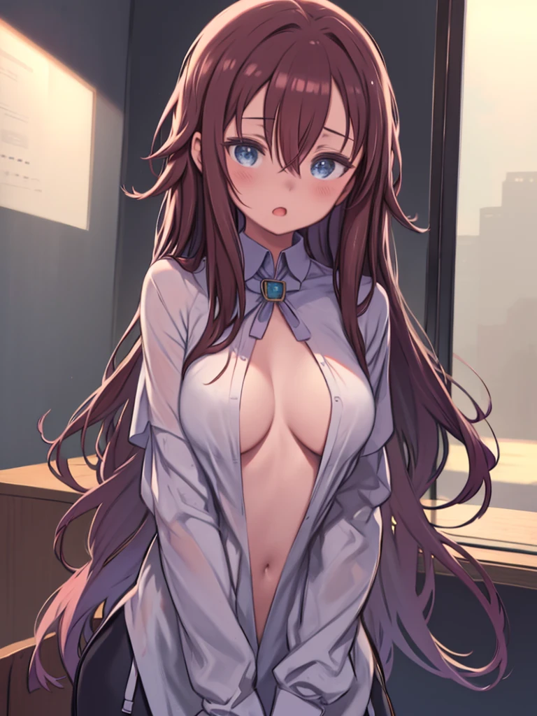 One boy, Brown Hair,nude, the boy is in front of the girl, Passionate Embrace, chest face press, sniff the chest, Kiss on the chest, One girl, Hair between the eyes、 Redhead, ((Big Breasts))、blue eyes, Long Hair, blush,  Looking at the audience, indoor,  Open your mouth, White long sleeve shirt, Unbuttoned shirt, Open shirt, Pink is good,  night, Bedroom, Sit on the bed