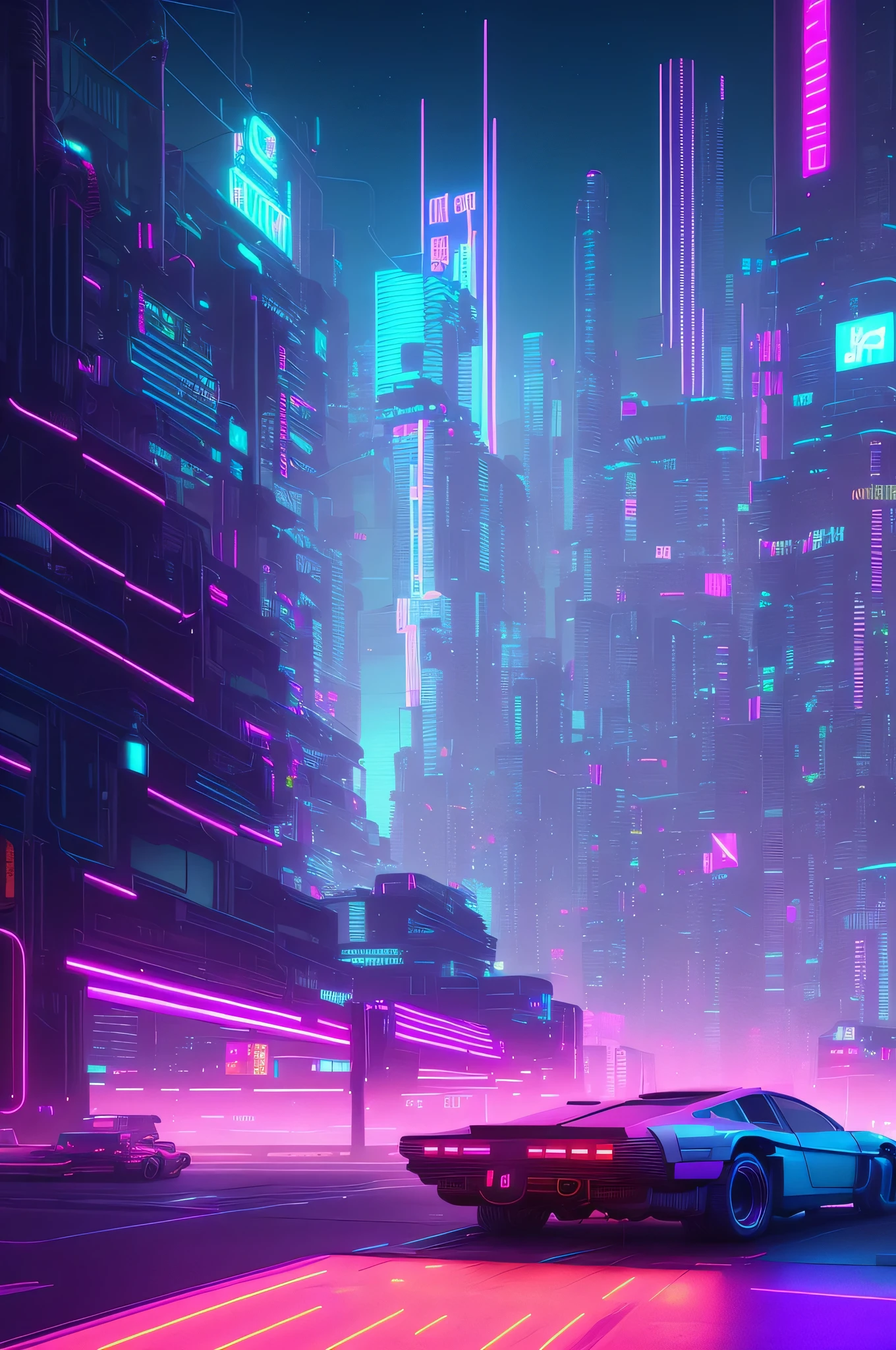 futuristic city with neon lights and a car in the foreground, cyberpunk art inspired by Syd Mead, cg society contest winner, retrofuturism, cyberpunk garage on jupiter, neon city in the background, cyberpunk with neon lighting, in cyberpunk city, in a futuristic cyberpunk city, detailed neon cyberpunk city, cyberpunk city, cyberpunk cityscape, hyper realistic cyberpunk city, neon rainy cyberpunk setting