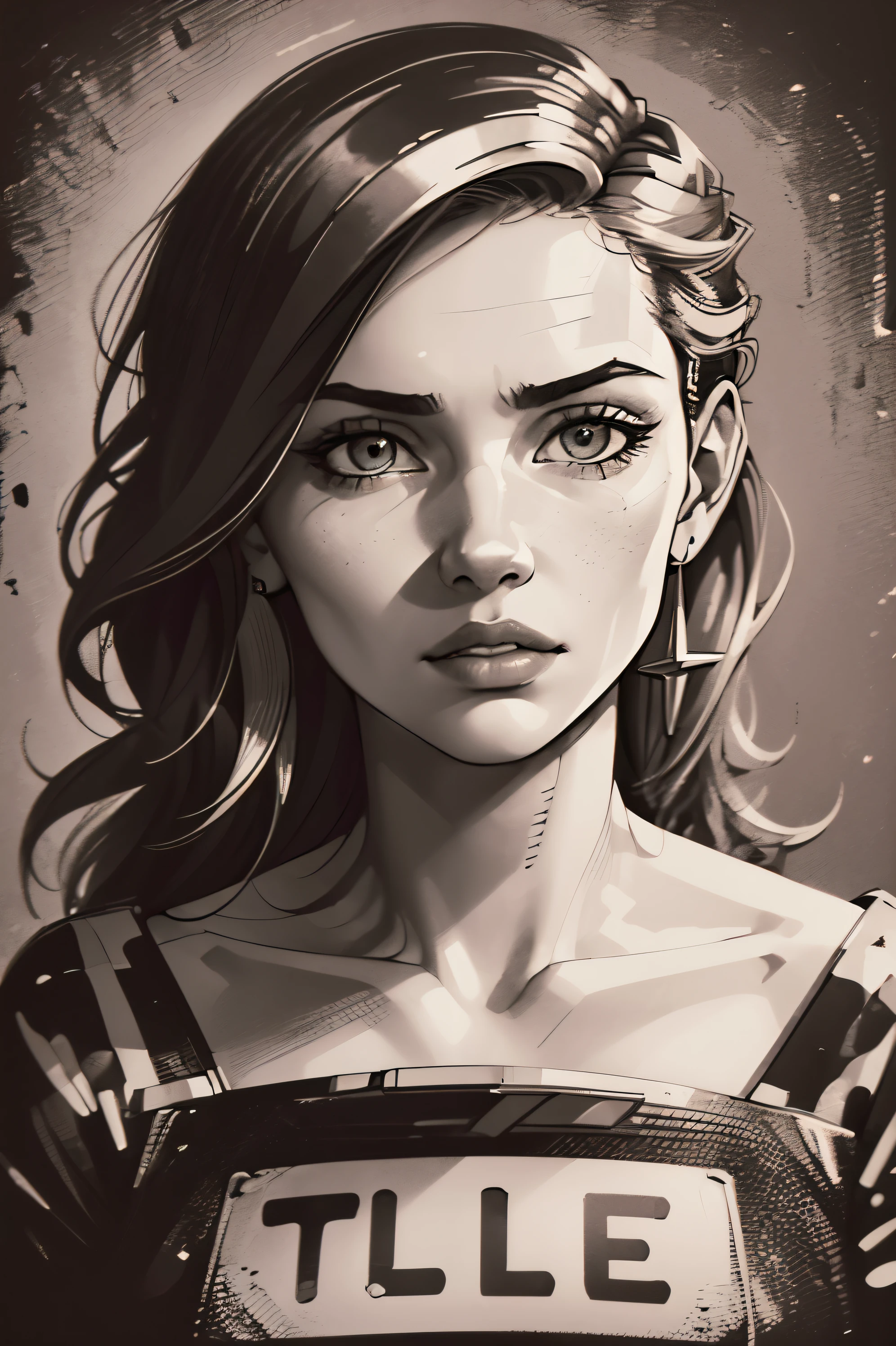 A girl in a mugshot, sketch, black and white, detailed features, vintage style, high contrast lighting, expressive eyes, tousled hair. (best quality, highres, realistic:1.37), vintage, monochrome, intense gaze, dramatic lighting, rugged background, distressed paper texture, retro vibes, id photo, front view