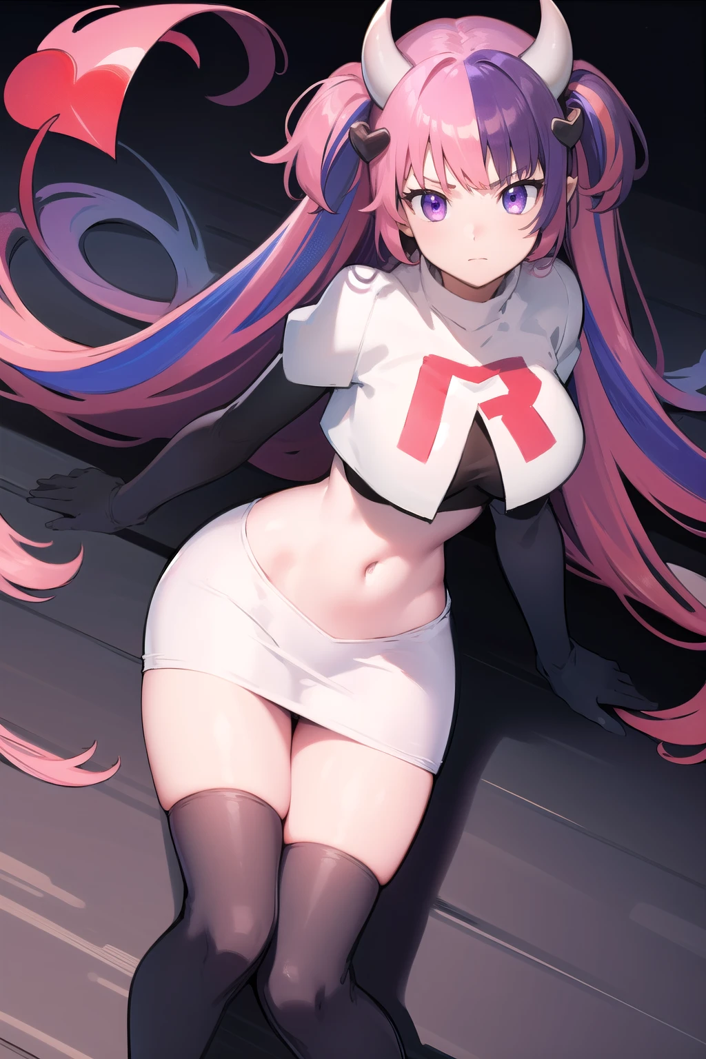 ironmouse, ironmouse, ahoge, medium hair, multicolored hair, pink hair, (purple eyes:1.1), purple hair, sidelocks, streaked hair, swept bangs, two side up, two-tone hair, hair ornament, heart, heart ahoge, heart hair ornament,
BREAK team rocket,team rocket uniform,white skirt,red letter R,crop top,black thigh-highs,black elbow gloves, demon girl, demon horns, demon tail, horns, tail,
BREAK looking at viewer,
BREAK (masterpiece:1.2), best quality, high resolution, unity 8k wallpaper, (illustration:0.8), (beautiful detailed eyes:1.6), extremely detailed face, perfect lighting, extremely detailed CG, (perfect hands, perfect anatomy),