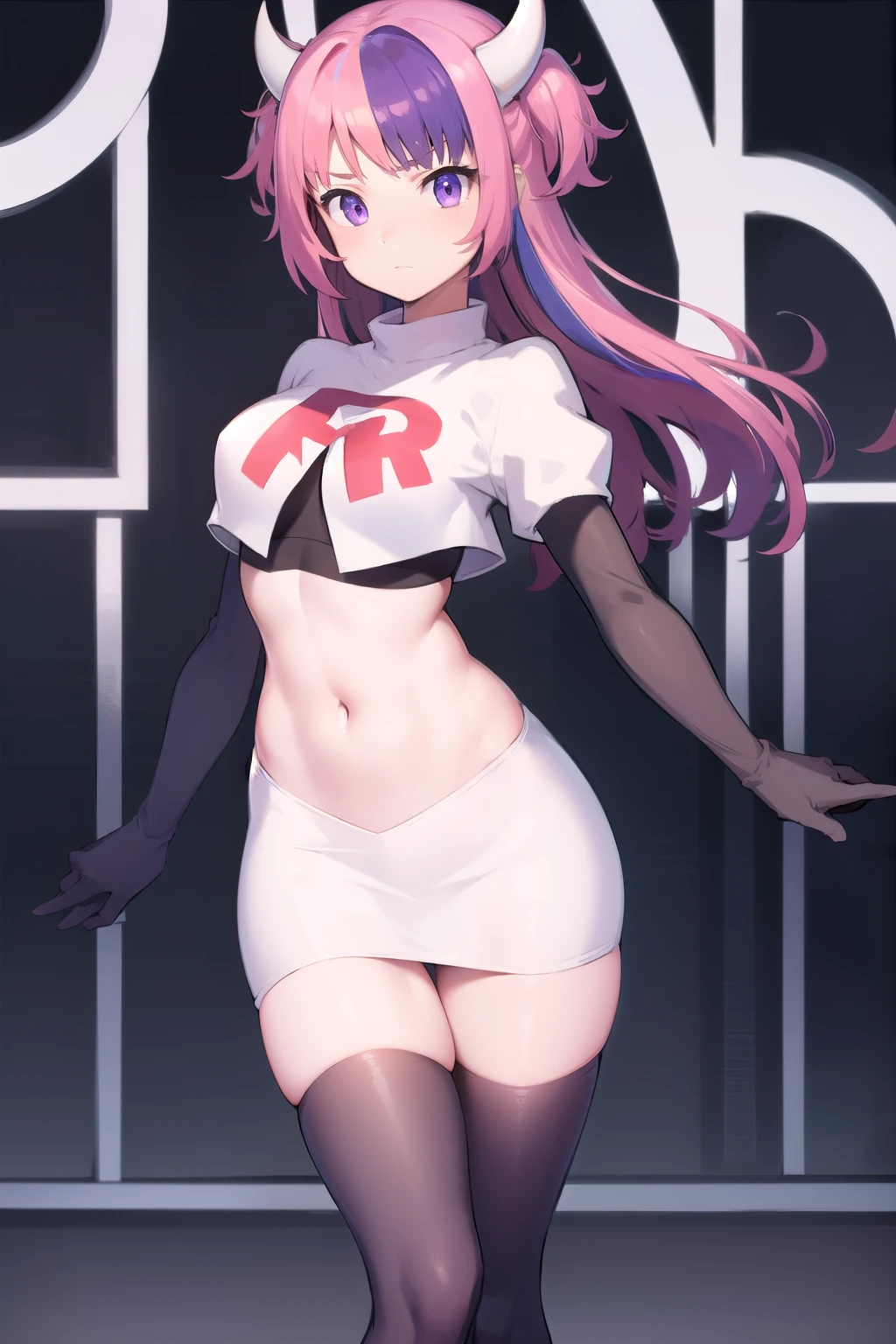 ironmouse, ironmouse, ahoge, medium hair, multicolored hair, pink hair, (purple eyes:1.1), purple hair, sidelocks, streaked hair, swept bangs, two side up, two-tone hair, hair ornament, heart, heart ahoge, heart hair ornament,
BREAK team rocket,team rocket uniform,white skirt,red letter R,crop top,black thigh-highs,black elbow gloves, demon girl, demon horns, demon tail, horns, tail,
BREAK looking at viewer,
BREAK (masterpiece:1.2), best quality, high resolution, unity 8k wallpaper, (illustration:0.8), (beautiful detailed eyes:1.6), extremely detailed face, perfect lighting, extremely detailed CG, (perfect hands, perfect anatomy),