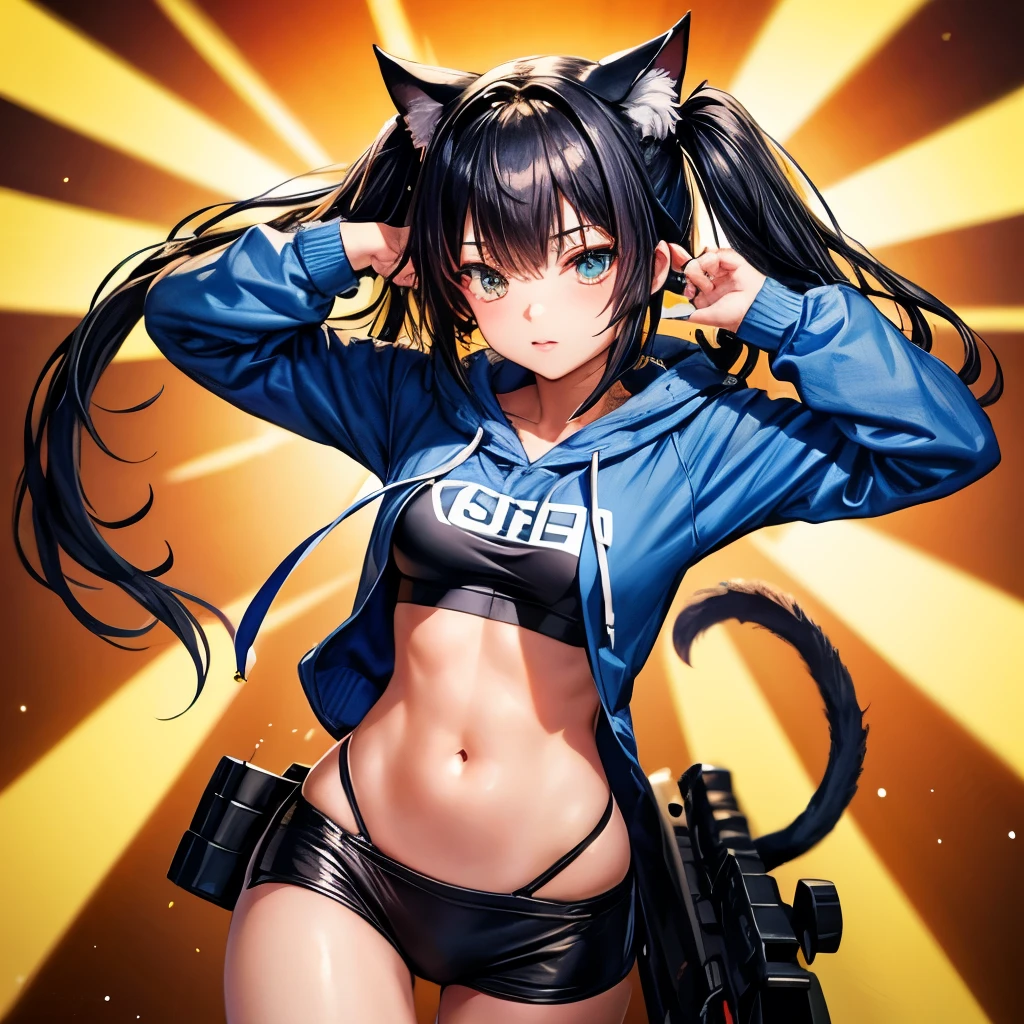 Dark blue hair girl, Cat ears and tail, Wearing a black bikini and racing shorts Loli body type Twin tails Flat Chest Wearing a hoodie Butt details Have a Gatling gun Eyes like the sun