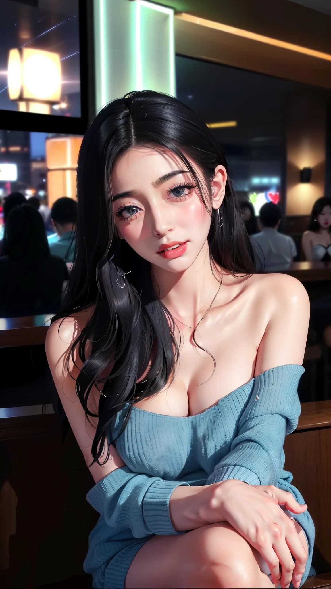 sitting at the bar in a nightclub、Portrait Photography, Wicked Smile, (masterpiece) (highest quality) (detailed) (8k) (High resolution) (wallpaper) (Cinema Lighting) (Sharp focus) (complicated)、Detailed background、(A lot of heartfelt voices:1.8), sexy、Off-the-shoulder knit loose sweater dress、Beautiful thighs、(nightlife:1.6)