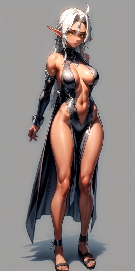 (Masterpiece, plain background:1.2) Female full body, standing straight symmetrical feet together, blood dark elf, dark skin, long messy white hair, circlet, yellow eyes, 1990s (style), female 1sologirl