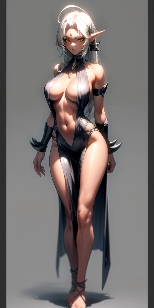 (Masterpiece, plain background:1.2) Female full body, standing straight symmetrical feet together, blood dark elf, dark skin, long messy white hair, circlet, yellow eyes, 1990s (style), female 1sologirl