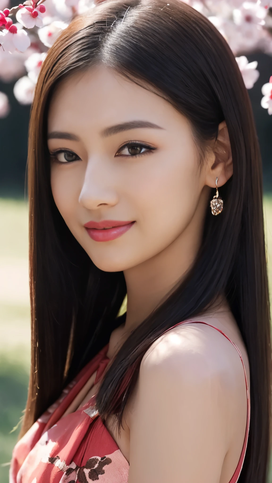 masterpiece, 最high quality, night, Mountain, full moon, Long black hair, woman, fire Fly, performer, Mysterious cherry tree, Pink leaves, high quality, Beautiful graphics, High detail，The best smile:1.5，Flashy makeup with red eyeshadow:1.5