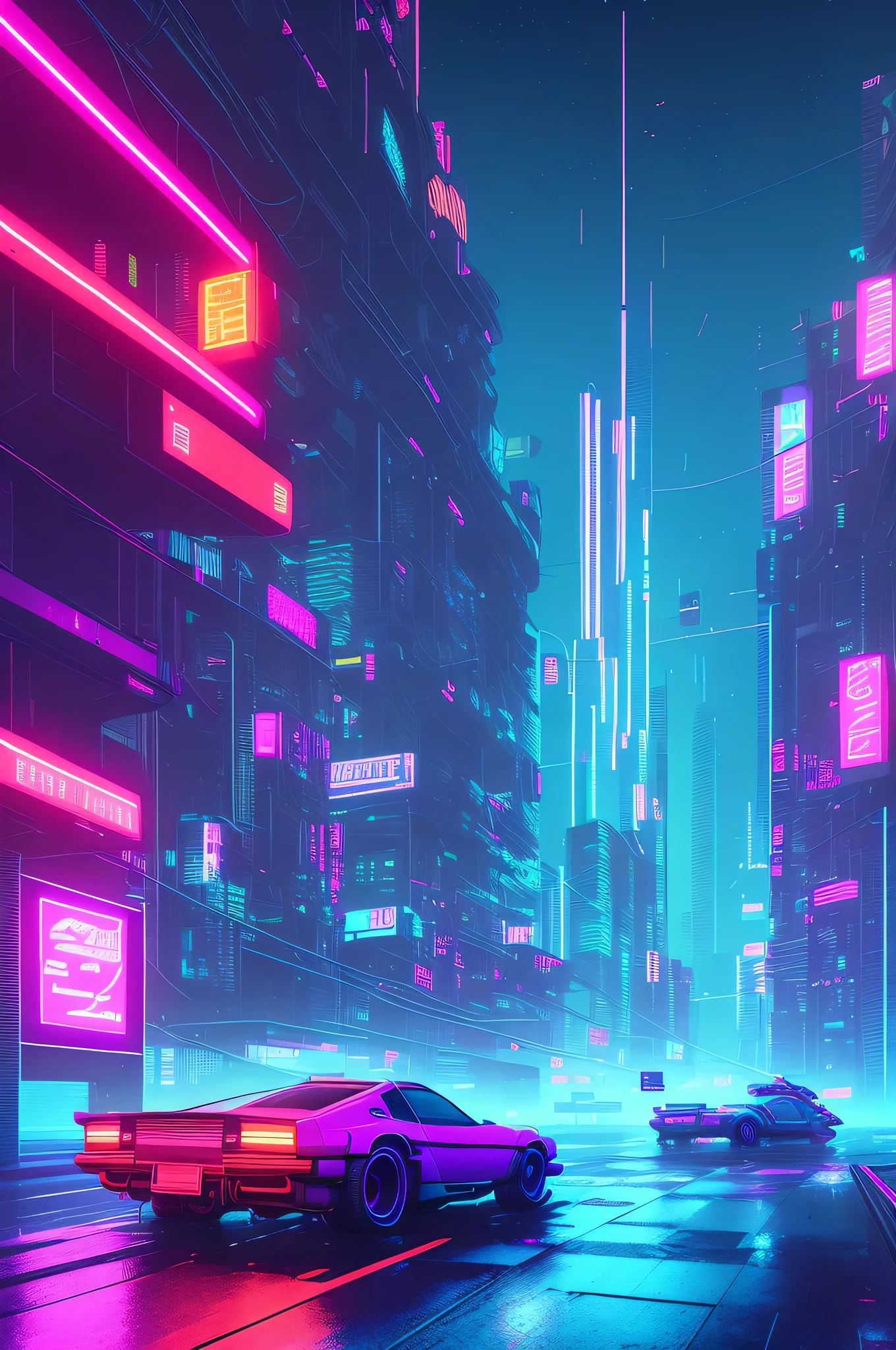 futuristic city with neon lights and a car in the foreground, cyberpunk art inspired by Syd Mead, cg society contest winner, retrofuturism, cyberpunk garage on jupiter, neon city in the background, cyberpunk with neon lighting red, in cyberpunk city, in a futuristic cyberpunk city, detailed neon cyberpunk city, cyberpunk city, cyberpunk cityscape, hyper realistic cyberpunk city, neon rainy cyberpunk setting medium contrast