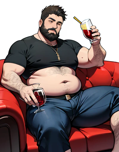 Only plump, chubby, extremely thick thighs, large belly, fat, age 45, bearded, usando apenas sunga branca,((Fios de Cabelos cor preto)) he is holding a glass of drinks, he is holding a glass of drink, he is holding a bottle of drink, he is holding a mug of choop.