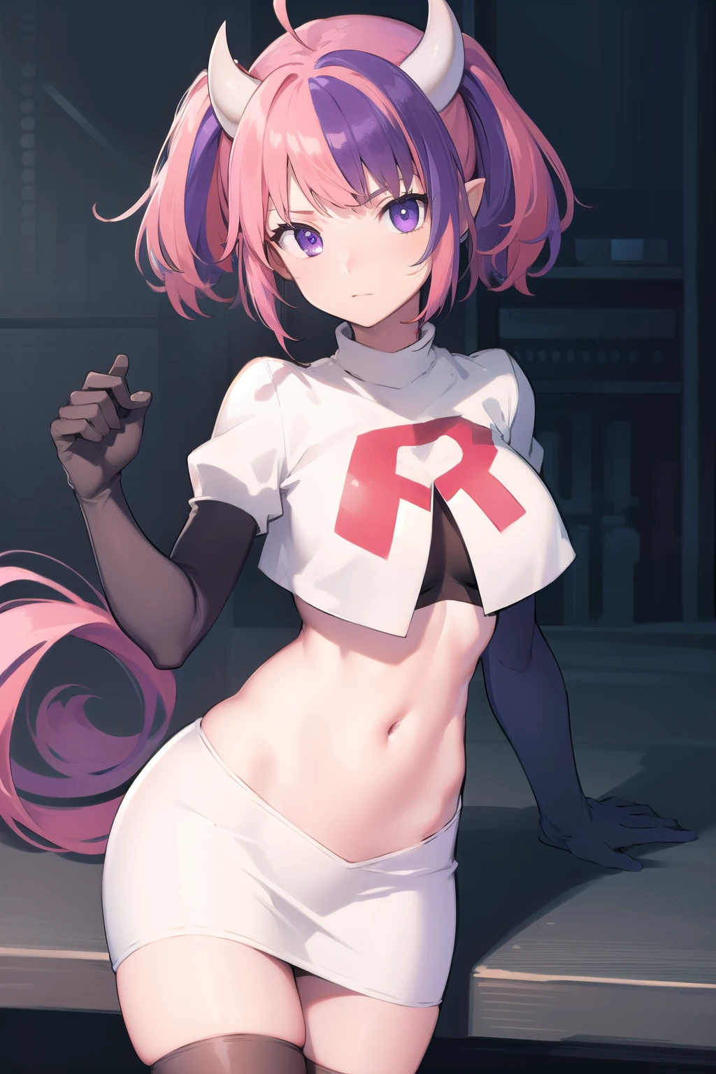 ironmouse, ironmouse, ahoge, medium hair, multicolored hair, pink hair, (purple eyes:1.1), purple hair, sidelocks, streaked hair, swept bangs, two side up, two-tone hair, hair ornament, heart, heart ahoge, heart hair ornament,
BREAK team rocket,team rocket uniform,white skirt,red letter R,crop top,black thigh-highs,black elbow gloves, demon girl, demon horns, demon tail, horns, tail,
BREAK looking at viewer,
BREAK (masterpiece:1.2), best quality, high resolution, unity 8k wallpaper, (illustration:0.8), (beautiful detailed eyes:1.6), extremely detailed face, perfect lighting, extremely detailed CG, (perfect hands, perfect anatomy),