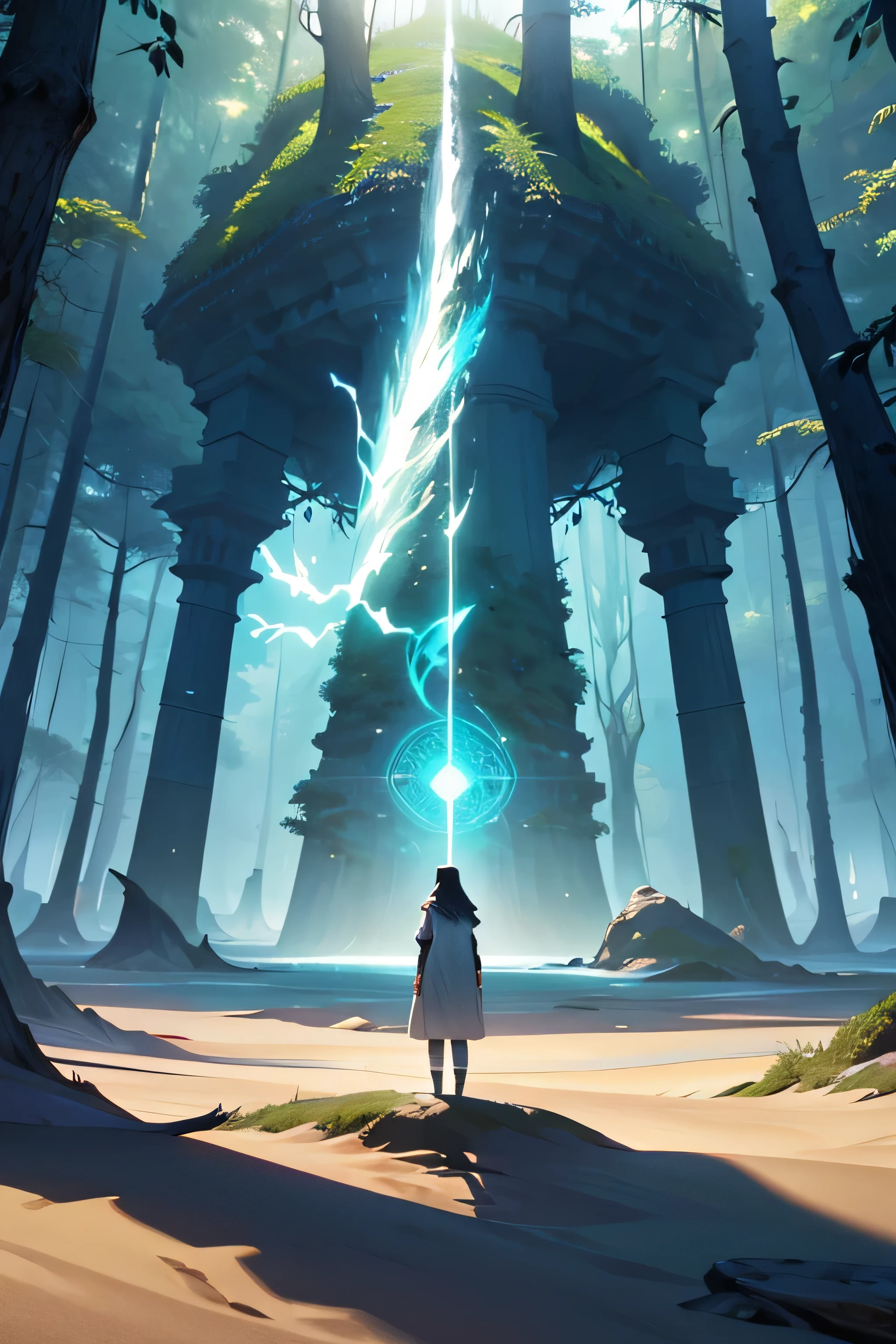 "Transcendence through Loneliness: Create an NFT that depicts a lone figure at the intersection of a vast desert and lush forest, symbolizing the delicate balance between isolation and connection with nature, convidando os espectadores a contemplar a profunda jornada do eu."