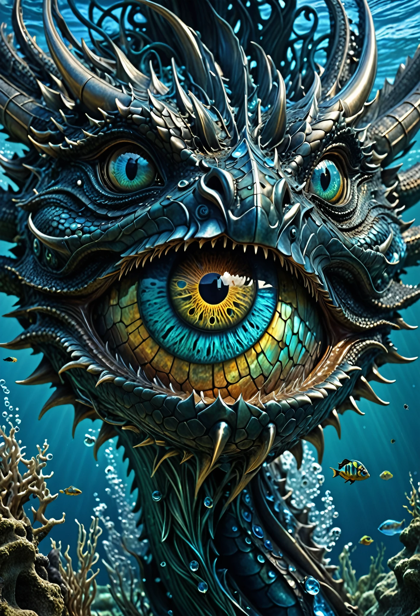 there is a sculpture of a dragon of water with a large eye, surreal metal sculpture, highly detailed digital art, hyper detailed digital art, ultra-detailed digital art, portrait of a mystical giant eye, peter gric and dan mumford, ultra detailed digital art, highly detailed digital artwork, cyborg dragon portrait, underwater biomechanical sculpture, extremely detailed digital art, aquacybernetic eye, underwater world, ultrarealism