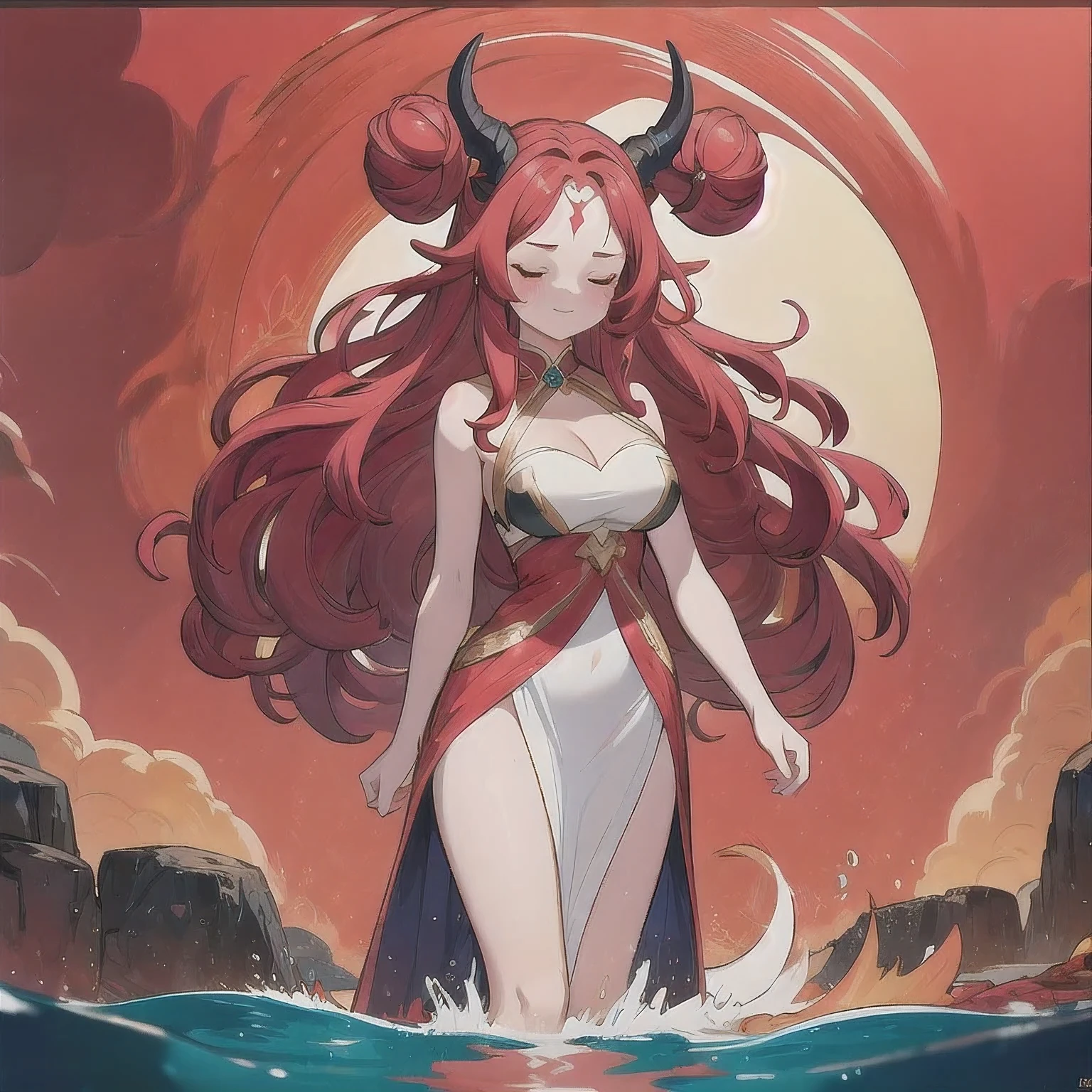 (abyss)
1girl
bangs
bare shoulders
breasts
cleavage
cleavage cutout
closed eyes
crescent
crescent facial mark
double bun
dress
facial mark
facing viewer
forehead mark
horns
long hair
medium breasts
parted bangs
partially submerged
pink hair
red hair
solo
very long hair
wading
water
