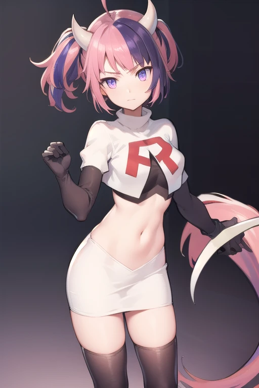 ironmouse, ironmouse, ahoge, medium hair, multicolored hair, pink hair, (purple eyes:1.1), purple hair, sidelocks, streaked hair, swept bangs, two side up, two-tone hair, hair ornament, heart, heart ahoge, heart hair ornament,
BREAK team rocket,team rocket uniform,white skirt,red letter R,crop top,black thigh-highs,black elbow gloves, demon girl, demon horns, demon tail, horns, tail,
BREAK looking at viewer,
BREAK (masterpiece:1.2), best quality, high resolution, unity 8k wallpaper, (illustration:0.8), (beautiful detailed eyes:1.6), extremely detailed face, perfect lighting, extremely detailed CG, (perfect hands, perfect anatomy),