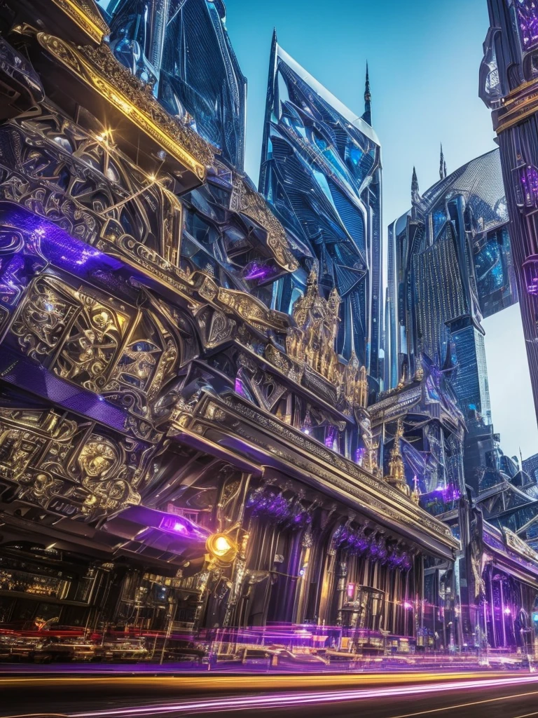 a futuristic city with a diamond crystal inglaze effect, metallic and silver purple elements, a simple black background with metallic silver lavender reflections, (best quality,4k,8k,highres,masterpiece:1.2),ultra-detailed,(realistic,photorealistic,photo-realistic:1.37),hyper realistic,dynamic ultrarealistic angle,TruckersRule style,extremely detailed CG unit,top-quality real texture skin,intricate architecture,ornate details,shimmering lights,seamless integration,cinematic composition,dramatic lighting,stunning clarity,intricate machinery,futuristic technology,metallic reflections,sharp focus,vivid colors