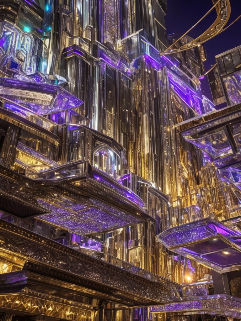 a futuristic city with a diamond crystal inglaze effect, metallic and silver purple elements, a simple black background with metallic silver lavender reflections, (best quality,4k,8k,highres,masterpiece:1.2),ultra-detailed,(realistic,photorealistic,photo-realistic:1.37),hyper realistic,dynamic ultrarealistic angle,TruckersRule style,extremely detailed CG unit,top-quality real texture skin,intricate architecture,ornate details,shimmering lights,seamless integration,cinematic composition,dramatic lighting,stunning clarity,intricate machinery,futuristic technology,metallic reflections,sharp focus,vivid colors