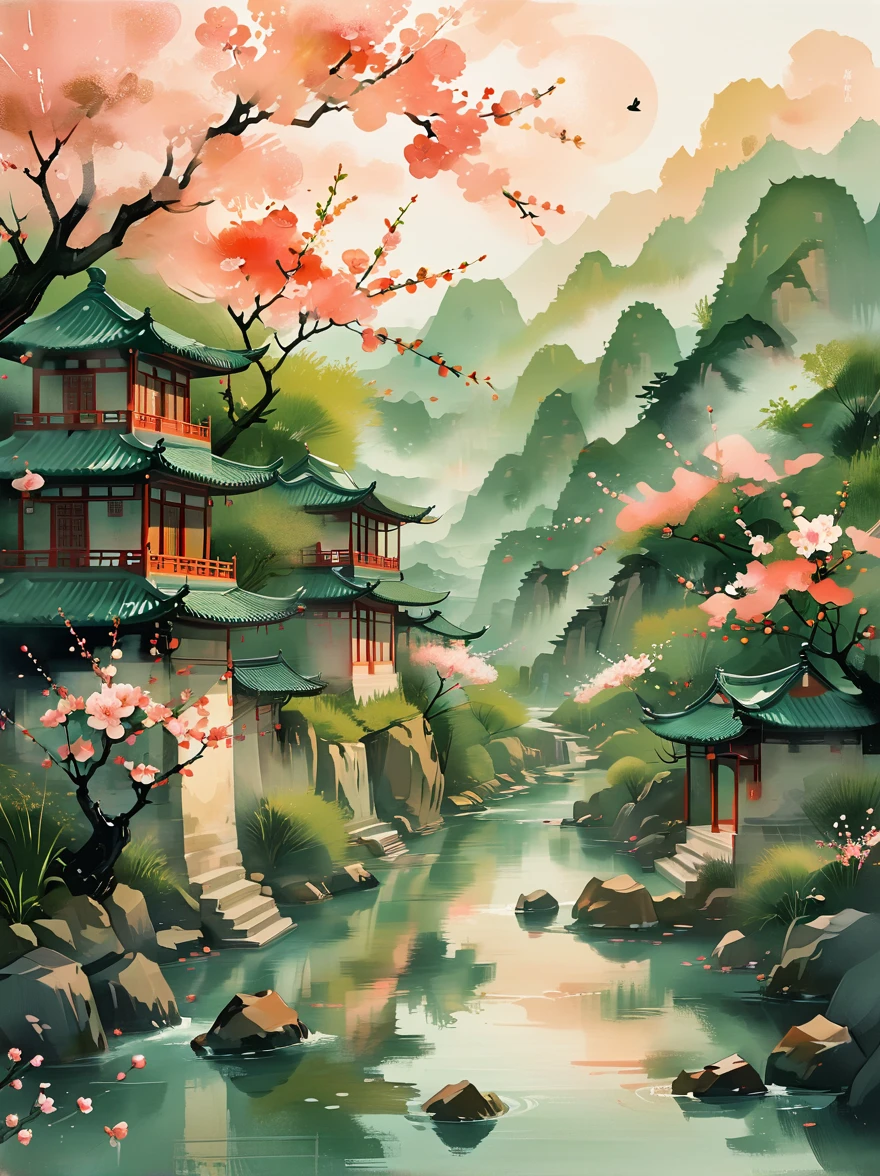 (Chinese Landscape), Abstract Painting, (Zen, Amy Sol Style), (spring, Green Trees, Peach Blossom, Creek, Chinese Architecture), Mildly abstract cover art, Simple vector art, Contemporary Chinese Art, Color gradient, Soft tones, Hierarchical form, Whimsical animation, Style: ethereal and abstract, anatomically correct, masterpiece, accurate, award winning, best quality, 8k