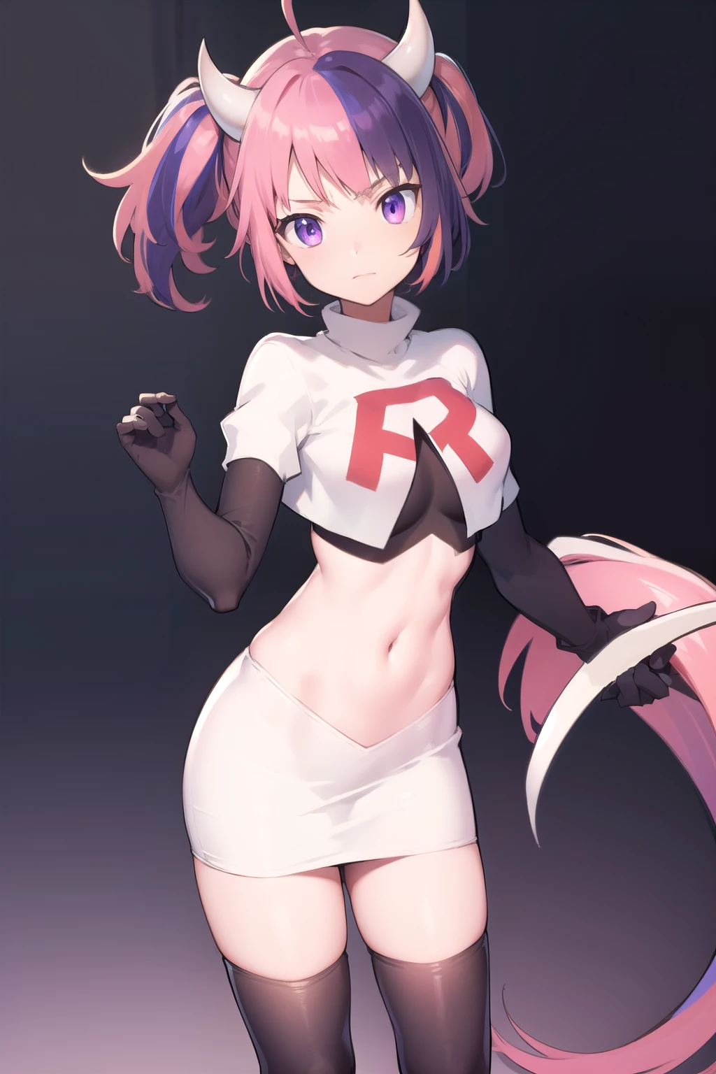 ironmouse, ironmouse, ahoge, medium hair, multicolored hair, pink hair, (purple eyes:1.1), purple hair, sidelocks, streaked hair, swept bangs, two side up, two-tone hair, hair ornament, heart, heart ahoge, heart hair ornament,
BREAK team rocket,team rocket uniform,white skirt,red letter R,crop top,black thigh-highs,black elbow gloves, demon girl, demon horns, demon tail, horns, tail,
BREAK looking at viewer,
BREAK (masterpiece:1.2), best quality, high resolution, unity 8k wallpaper, (illustration:0.8), (beautiful detailed eyes:1.6), extremely detailed face, perfect lighting, extremely detailed CG, (perfect hands, perfect anatomy),