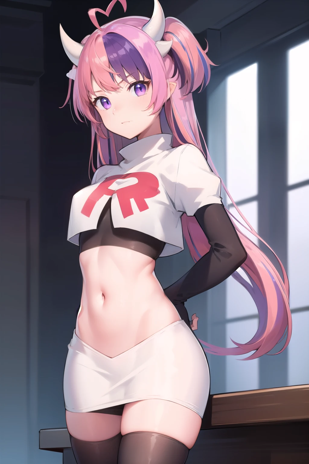 ironmouse, ironmouse, ahoge, medium hair, multicolored hair, pink hair, (purple eyes:1.1), purple hair, sidelocks, streaked hair, swept bangs, two side up, two-tone hair, hair ornament, heart, heart ahoge, heart hair ornament,
BREAK team rocket,team rocket uniform,white skirt,red letter R,crop top,black thigh-highs,black elbow gloves, demon girl, demon horns, demon tail, horns, tail,
BREAK looking at viewer,
BREAK (masterpiece:1.2), best quality, high resolution, unity 8k wallpaper, (illustration:0.8), (beautiful detailed eyes:1.6), extremely detailed face, perfect lighting, extremely detailed CG, (perfect hands, perfect anatomy),