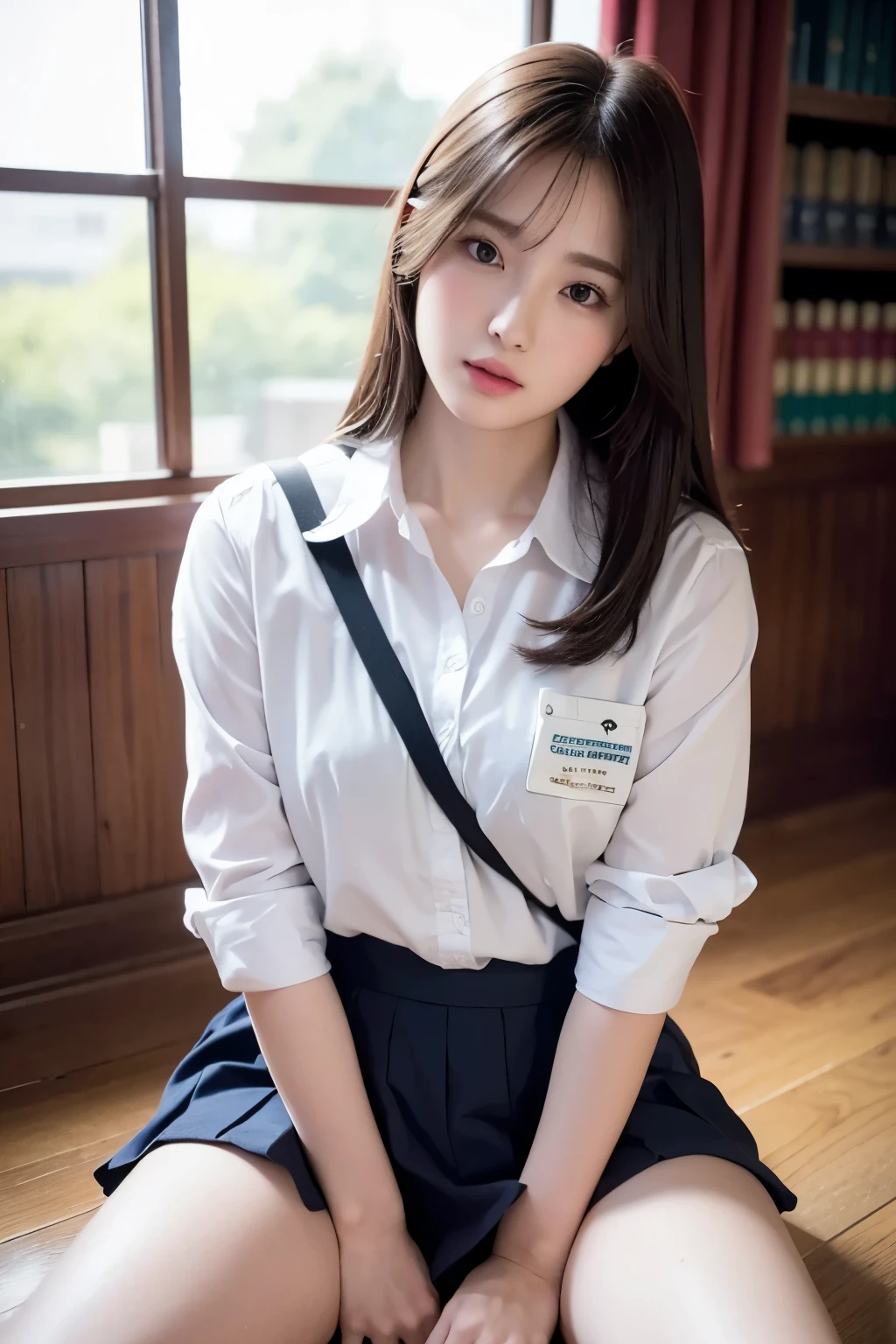 Realistic, High resolution, 1 female, Glowing Skin, alone, Wide lips,round face,Realistic skin texture,Genuine,Detailed face,high school girl,White skin,,Full Body Shot,uniform,School Library,Sit down,Lost in Thought