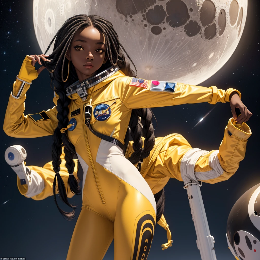 (masterpiece, best quality), deep ebony 1girl, beautiful face, freely hanging braids, moon background , cute, dressed with am astronaut suit , yellow and black suit pattern, beautify, Lofi vibe, , cute night vibe, concentrated,