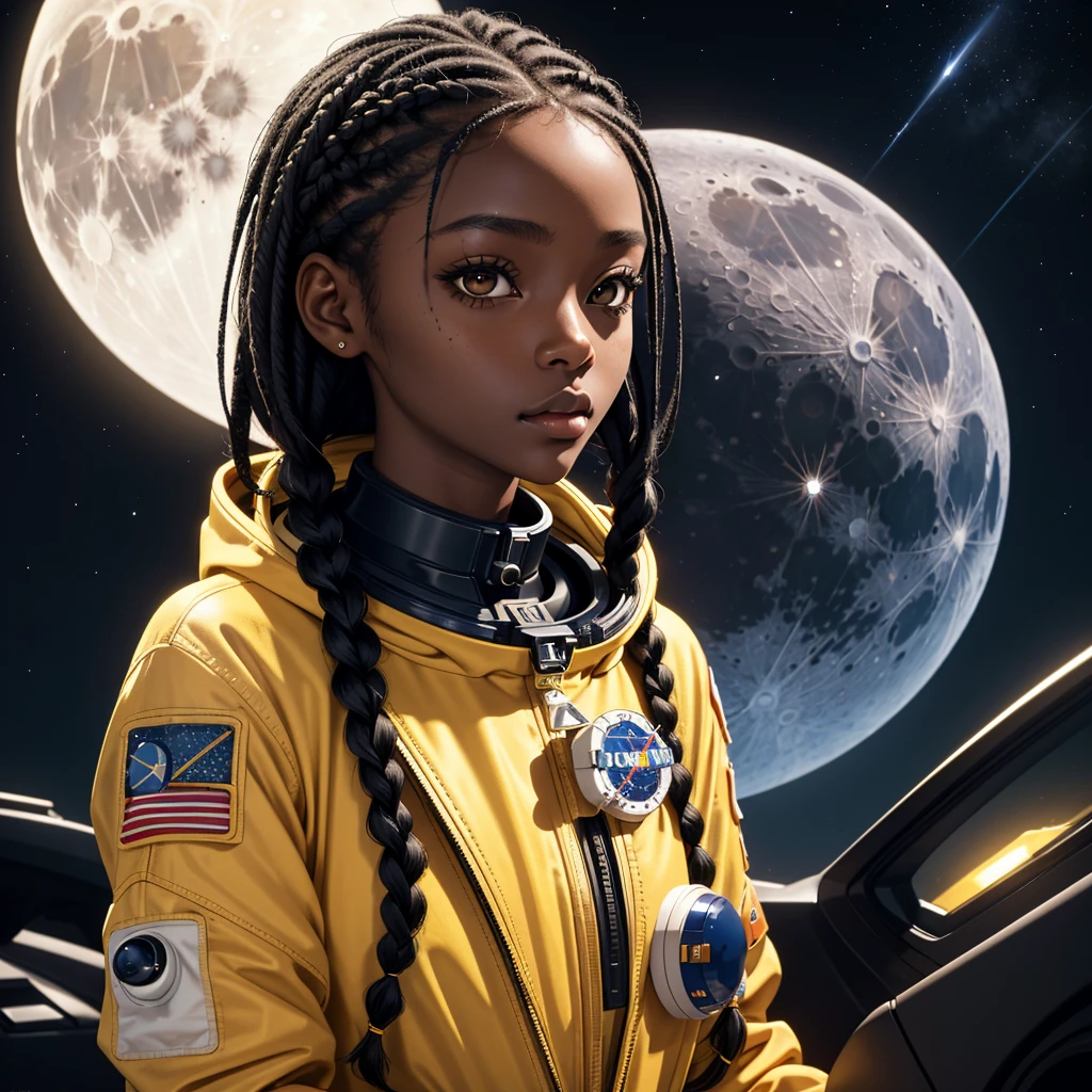 (masterpiece, best quality), deep ebony 1girl, beautiful face, freely hanging braids, moon background , cute, dressed with am astronaut suit , yellow and black suit pattern, beautify, Lofi vibe, , cute night vibe, concentrated,