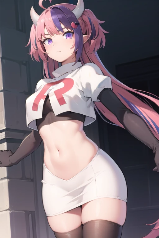 ironmouse, ironmouse, ahoge, medium hair, multicolored hair, pink hair, (purple eyes:1.1), purple hair, sidelocks, streaked hair, swept bangs, two side up, two-tone hair, hair ornament, heart, heart ahoge, heart hair ornament,
BREAK team rocket,team rocket uniform,white skirt,red letter R,crop top,black thigh-highs,black elbow gloves, demon girl, demon horns, demon tail, horns, tail,
BREAK looking at viewer,
BREAK (masterpiece:1.2), best quality, high resolution, unity 8k wallpaper, (illustration:0.8), (beautiful detailed eyes:1.6), extremely detailed face, perfect lighting, extremely detailed CG, (perfect hands, perfect anatomy),