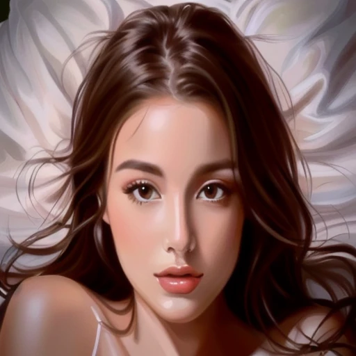 A painting of a woman with long hair lying on a bed covered with a white sheet., photohyperrealistic beautiful face, hyperhyperrealistic beautiful face, Airbrush digital oil painting, realistic drawing of a cute girl, hyperrealistic beautiful face, glossy digital painting, photoRealistic digital drawing, digital art oil painting, Realistic digital drawing, digital art. Realistic picture, # 1 Digital Painting Forever