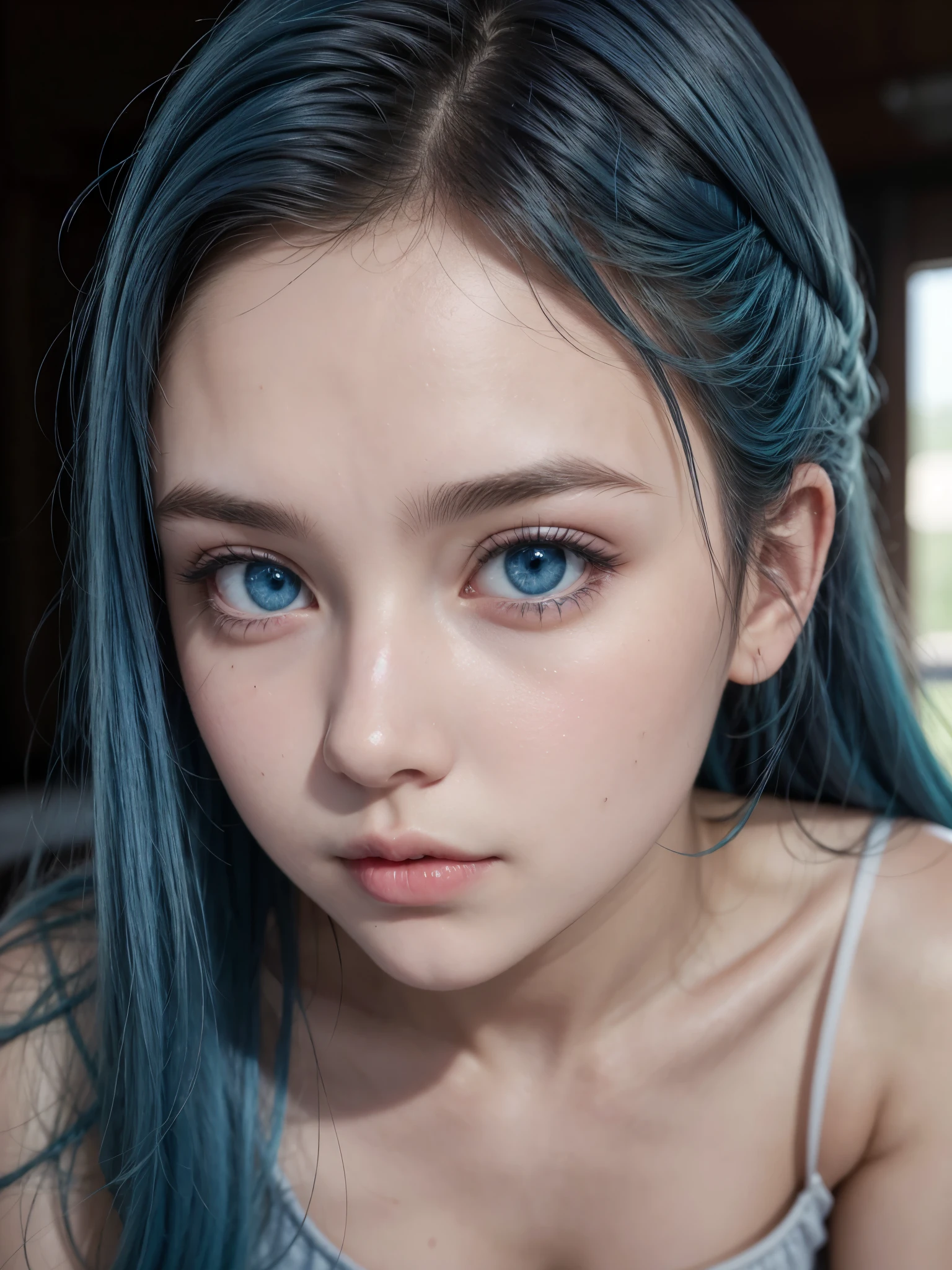 Hot girl, blue hair, blue eyes, detailed cute face