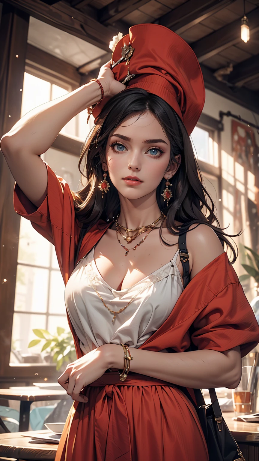 highest quality, Intricate details, chromatic aberration, One girl, Long Hair, Black Hair, Messy Hair, Red highlights, Hair on one eye, Red eyes, Sharp eyes, choker,, , Armband, Put your arms behind your back, Arms tied,