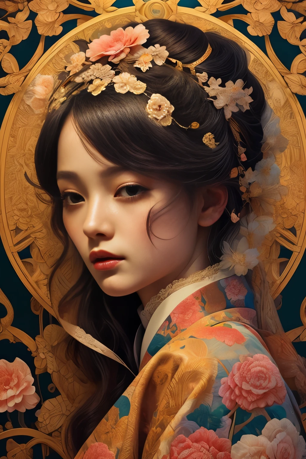 One girl、Traditional Japanese Kimono、Incredibly detailed kimono patterns、Delicate floral pattern、Intricate embroidery、Beautifully detailed face、Long eyelashes、Calm expression、Natural lighting、Soft colors、Warm tones、Cinematic、masterpiece、High resolution、Photorealistic、Super detailed