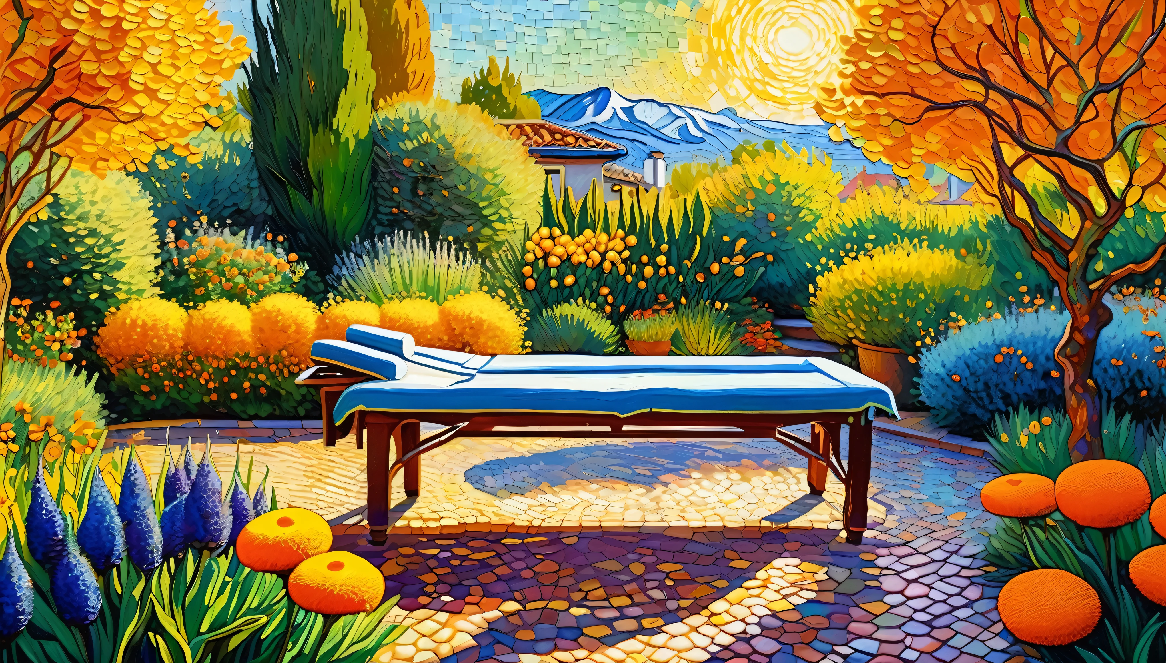 Modern impressionist representation, légèrement pointilliste et légèrement psychédélique avec des couleurs chaudes et vibrantes d'un spa extérieur avec une table de massage au centre d'un magnifique jardin avec des fleurs et un soleil rond et jaune et orange en arrière-plan. Stunning art in 8k., ((Style vincent van gogh)), (correct details) aesthetic, oil painting&#39;huile au couteau à palette, ((Best quality, chef-d&#39;artwork)), (extreme detail), pointillisme: 0.1, 8k