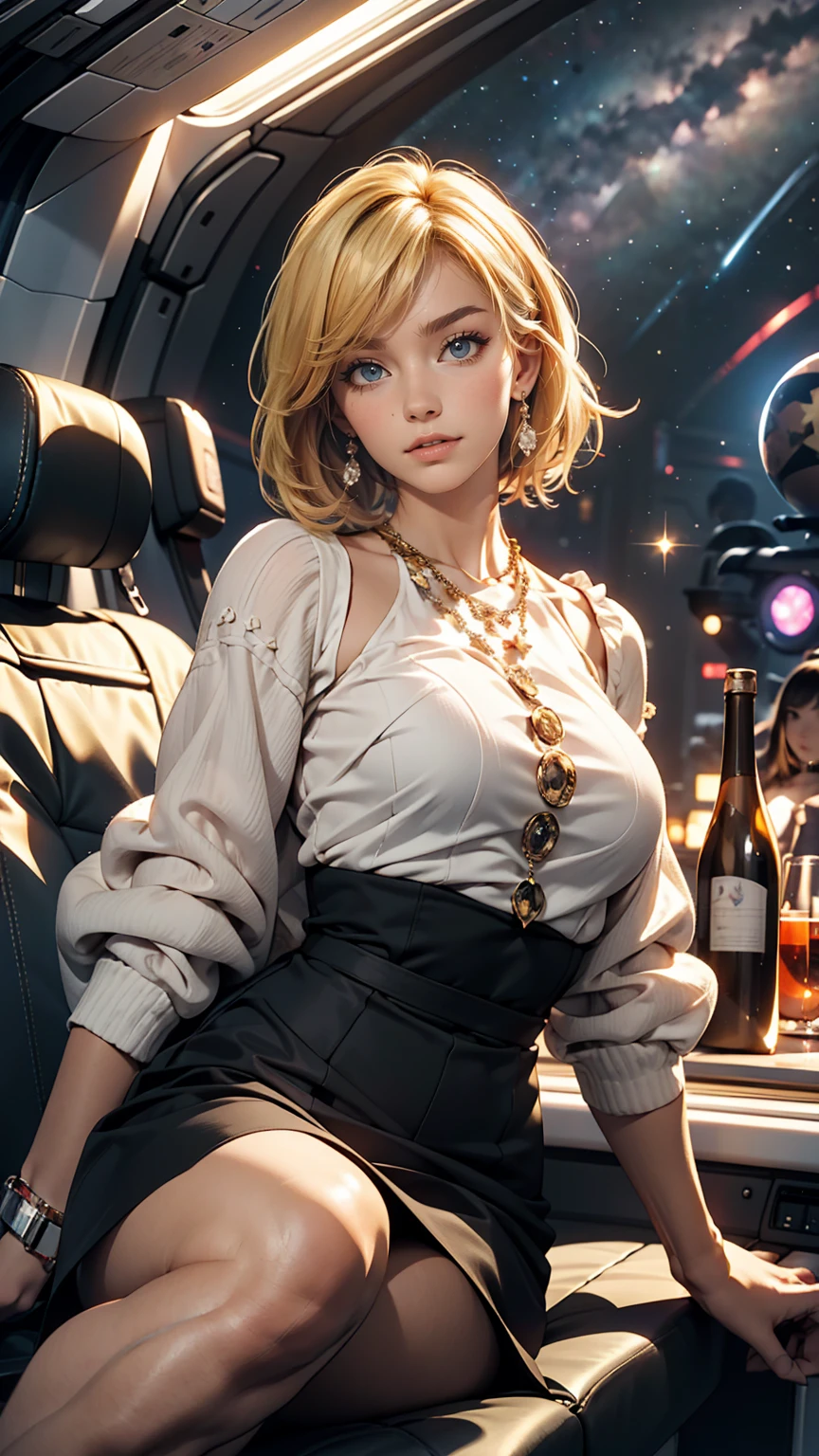 A young sexy woman with short hair and blonde hair in sexy clothes sits in a spaceship seat、A beautiful starry sky can be seen from the window.。