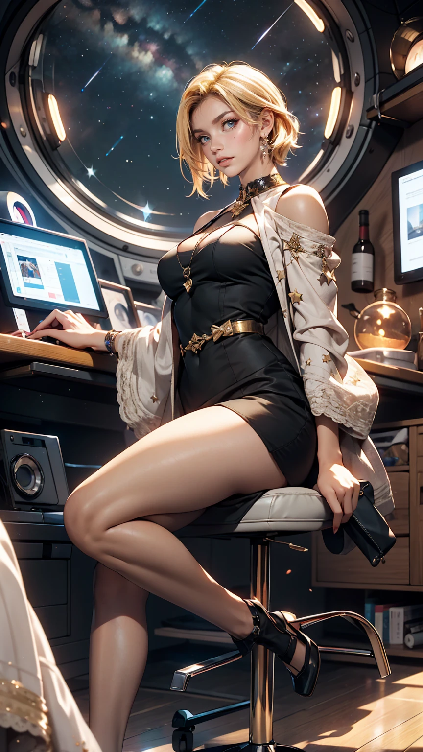 A young sexy woman with short hair and blonde hair in sexy clothes sits in a spaceship seat、A beautiful starry sky can be seen from the window.。