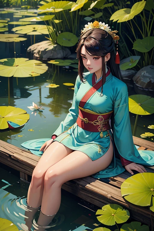absurdos, high resolution, ultra detalhado, (1 garota:1.3), hand drawn, linha simples,  16 year old in colorful Chinese Hanfu, garota sexy com orelhas de raposa, in the lotus pond, Obra de arte, sitting in the water, roupas flutuantes, cabelo flutuante