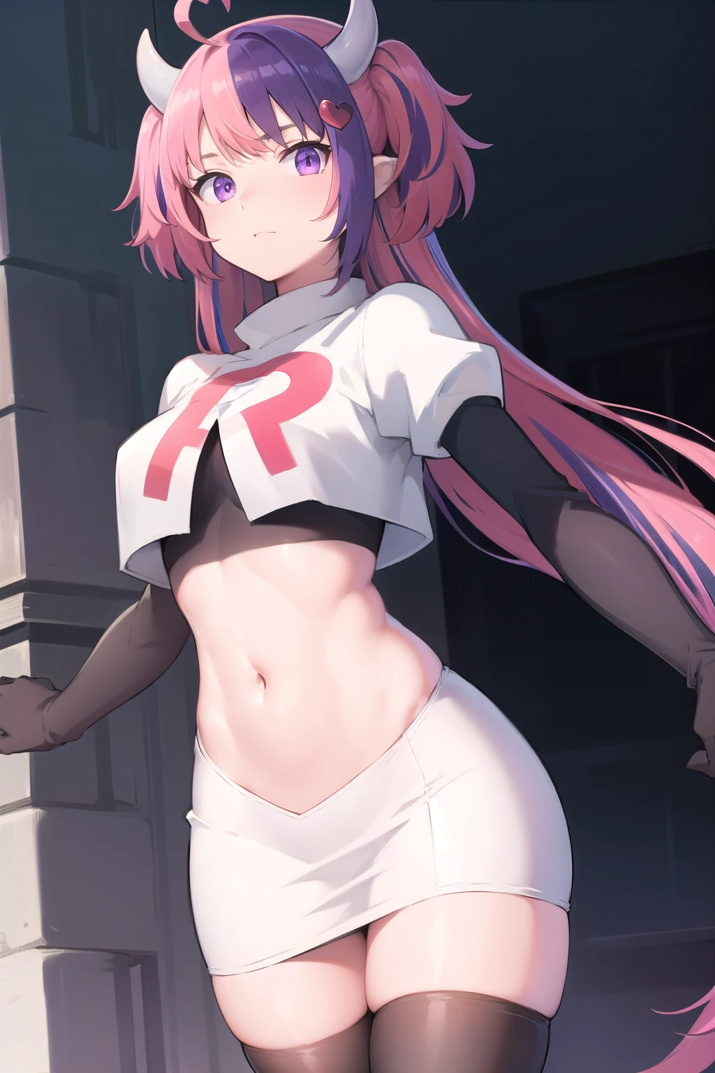 ironmouse, ironmouse, ahoge, medium hair, multicolored hair, pink hair, (purple eyes:1.1), purple hair, sidelocks, streaked hair, swept bangs, two side up, two-tone hair, hair ornament, heart, heart ahoge, heart hair ornament,
BREAK team rocket,team rocket uniform,white skirt,red letter R,crop top,black thigh-highs,black elbow gloves, demon girl, demon horns, demon tail, horns, tail,
BREAK looking at viewer,
BREAK (masterpiece:1.2), best quality, high resolution, unity 8k wallpaper, (illustration:0.8), (beautiful detailed eyes:1.6), extremely detailed face, perfect lighting, extremely detailed CG, (perfect hands, perfect anatomy),