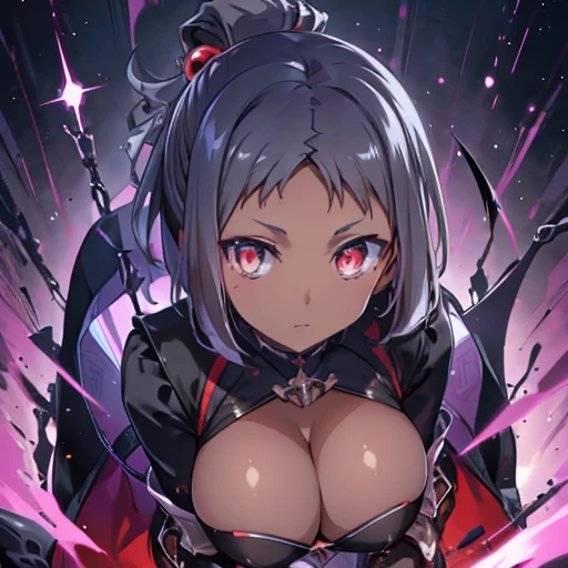 masterpiece, high quality, 4K, Beautiful design, Shiny, Award-winning photo, Very detailed, wonderful, The finer details, Absurd, Very detailed woman, Very detailed ,  Black Dress、Red eye contact lenses、Breast size D、I can see the chest、（One Girl) ,(((Dark skin)))、 Dynamic Angle , Official Art , Are standing , Bottom View, short hair