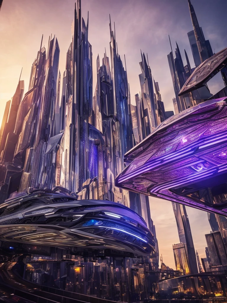 a futuristic city with a hard lightdiamond crystal inglaze effect, metallic and silver purple elements, a simple black background with metallic silver lavender reflections, (best quality,4k,8k,highres,masterpiece:1.2),ultra-detailed,(realistic,photorealistic,photo-realistic:1.37),hyper realistic,dynamic ultrarealistic angle,TruckersRule style,extremely detailed CG unit,top-quality real texture skin,intricate architecture,ornate details,shimmering lights,seamless integration,cinematic composition,dramatic lighting,stunning clarity,intricate machinery,futuristic technology,metallic reflections,sharp focus,vivid colors