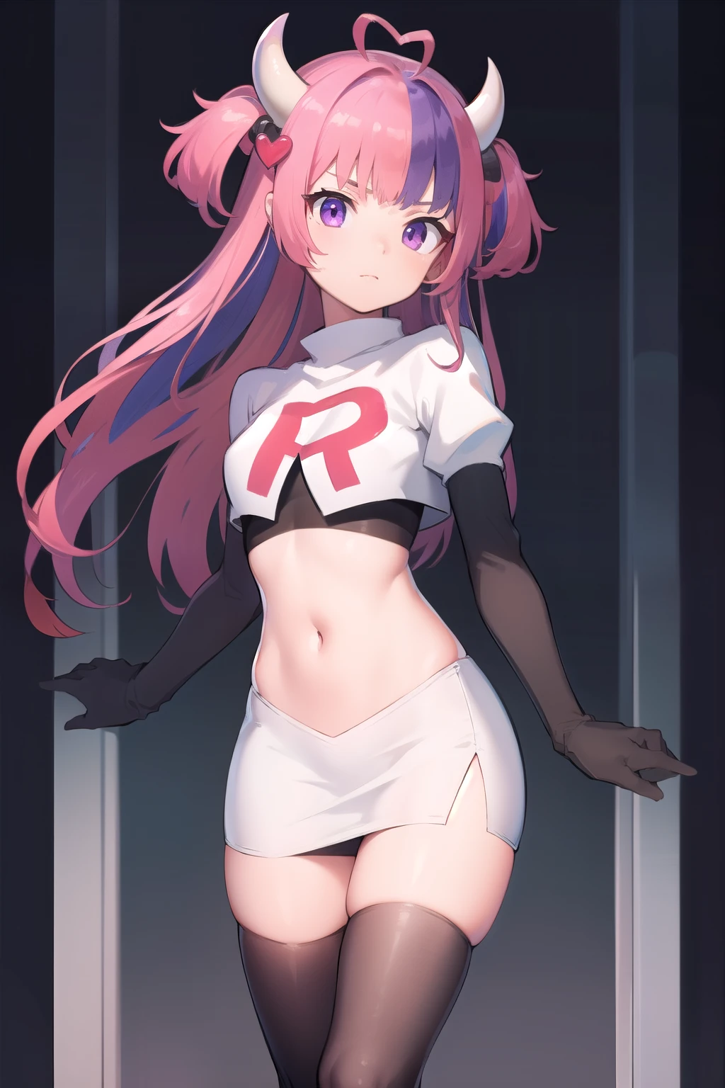 ironmouse, ironmouse, ahoge, medium hair, multicolored hair, pink hair, (purple eyes:1.1), purple hair, sidelocks, streaked hair, swept bangs, two side up, two-tone hair, hair ornament, heart, heart ahoge, heart hair ornament,
BREAK team rocket,team rocket uniform,white skirt,red letter R,crop top,black thigh-highs,black elbow gloves, demon girl, demon horns, demon tail, horns, tail,
BREAK looking at viewer,
BREAK (masterpiece:1.2), best quality, high resolution, unity 8k wallpaper, (illustration:0.8), (beautiful detailed eyes:1.6), extremely detailed face, perfect lighting, extremely detailed CG, (perfect hands, perfect anatomy),