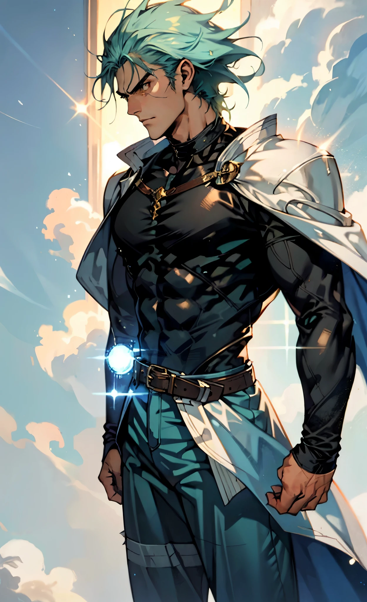 A young man with Greenish-blue spiky short hair, middle part bangs, a disdainful look, slender eyebrows, delicate features, a robust physique, a fantasy-style purple and white tight outfit, a black collar connected to a dark blue cape, a white belt attached to a red and white hem, sky-blue trousers, green flowing light surrounding him, standing on a long street at night, side view, this character embodies a finely crafted fantasy-style warrior in anime style, exquisite and mature manga art style, dramatic, high definition, best quality, highres, ultra-detailed, ultra-fine painting, extremely delicate, professional, perfect body proportions, golden ratio, anatomically correct, symmetrical face, extremely detailed eyes and face, high quality eyes, creativity, RAW photo, UHD, 32k, Natural light, cinematic lighting, masterpiece-anatomy-perfect, masterpiece:1.5