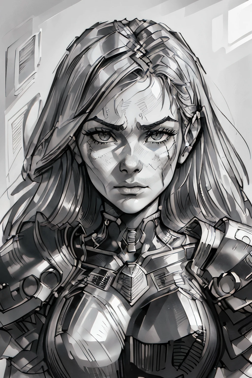 A girl in a mugshot, sketch, black and white, detailed features, vintage style, high contrast lighting, expressive eyes, tousled hair. (best quality, highres, realistic:1.37), vintage, monochrome, intense gaze, dramatic lighting, rugged background, distressed paper texture, retro vibes, id photo, front view