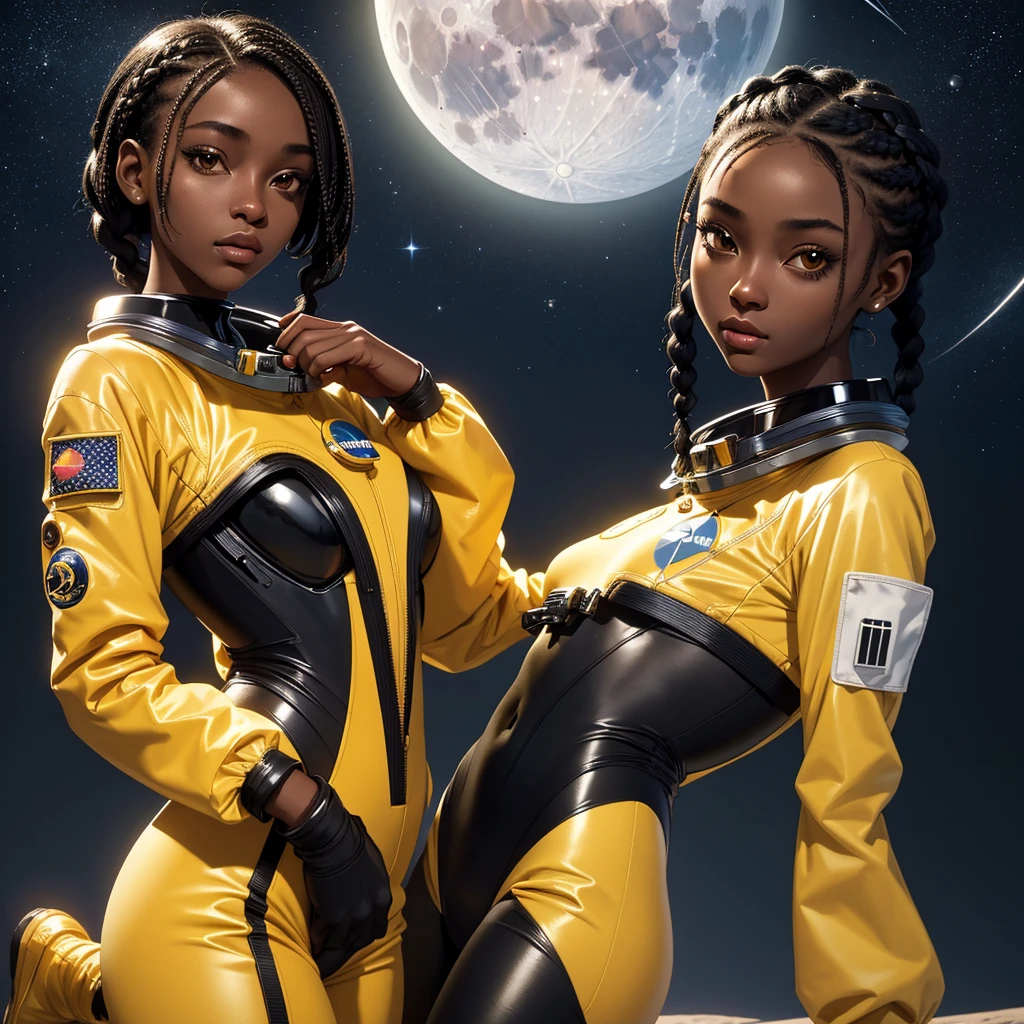 (masterpiece, best quality), deep ebony 1girl, beautiful face, freely short braids, moon background , cute, dressed with am astronaut suit , yellow and black suit pattern, beautify, Lofi vibe, , cute night vibe, looking to the stars