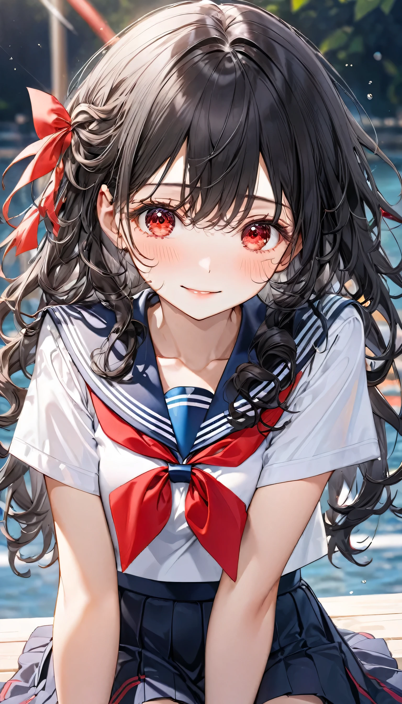 (Close-up face) (solo curly:1.3 black hair long hair lovely girl, tearful:1.4 lovely red eyes), ( yo), soft smile, break,(in a summer cute school sailor suit, skirt, red ribbon), BREAK, (background is white), perfect anatomy, masterpiece, best quality, 16k, beautiful detailed grow, daydreaming expression.