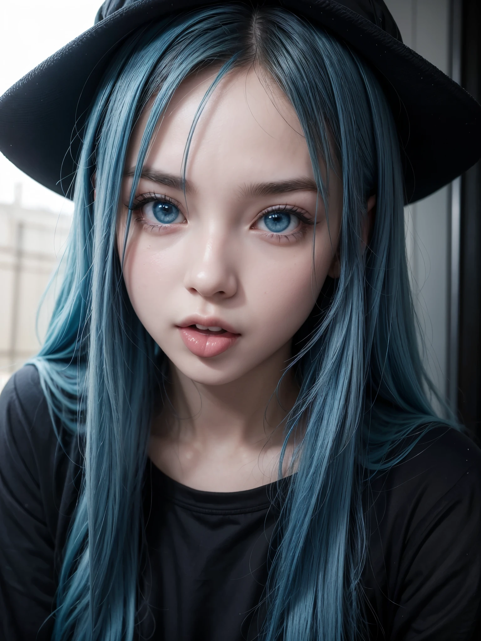 Hot girl, blue hair, blue eyes, showing the tongue, detailed cute face, black clothes