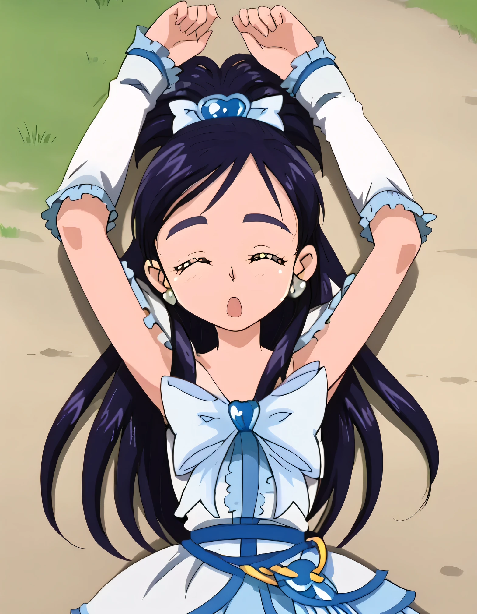 cure white, best quality, solo, lying, on back, on grass, arms up, spread arms, closed eyes, (cowboy shot:1.5), looking at viewer, best quality, anime coloring, sleeping, open mouth, unconscious,